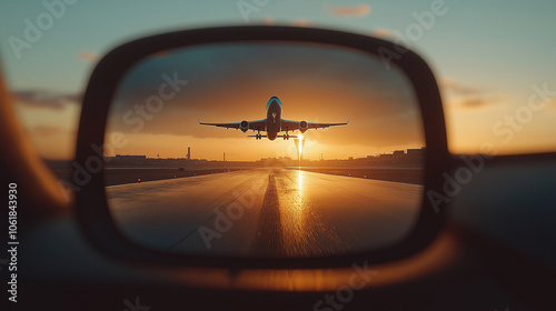 create an photo realistic image of a modern car rear-view mirror showing an airplane taking off.