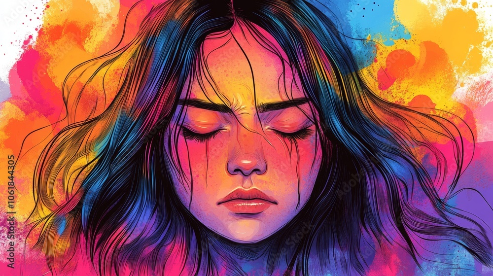 Fototapeta premium Colorful Abstract Portrait of Woman with Closed Eyes and Tears