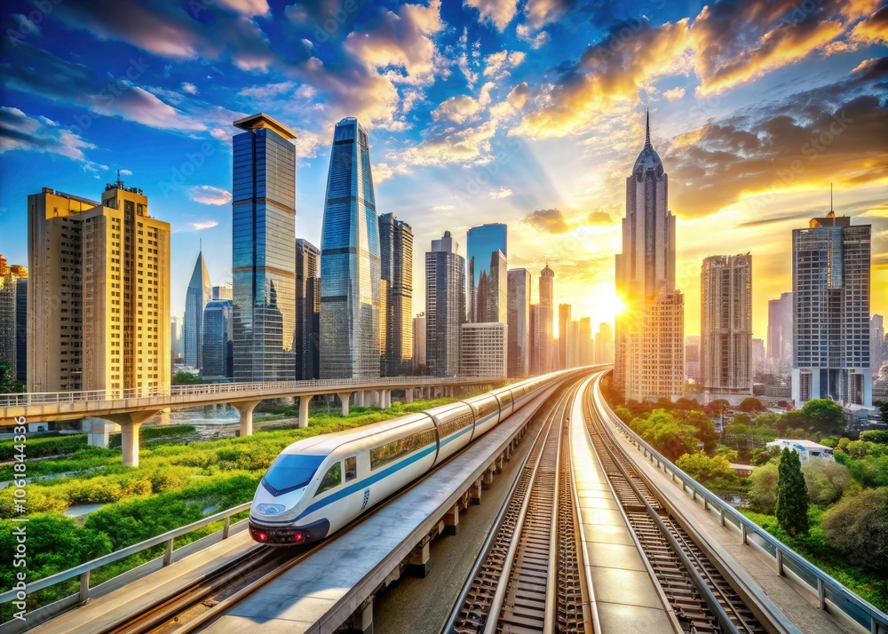 Fototapeta premium High-Speed Train on Elevated Tracks Overlooking a Bustling Cityscape with Skyscrapers, Streets, and Vehicles in Motion for Dynamic Urban Photography