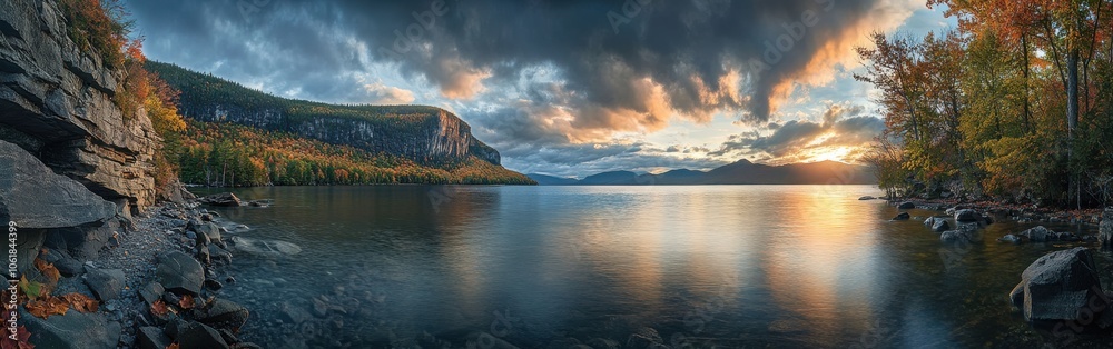 A breathtaking panorama of tranquil shores at sunset by the calm lake surrounded by autumn foliage A breathtaking panorama of tranquil shores at sunset by the calm lake surrounded by autumn foliage