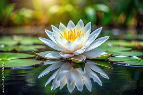 A delicate water lily with intricate white petals and a yellow center floating on a serene pond surface surrounded by lush greenery, garden, nature, beauty, foliage