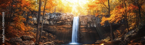 Golden autumn light illuminates the cascading waterfall at Petit Jean State Park in Arkansas during a serene afternoon