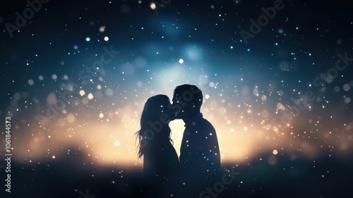 A romantic silhouette of a couple kissing amidst a dreamy, sparkling backdrop, evoking feelings of love and intimacy.