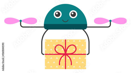 Cute drone robot delivering a gift for holiday, new year, Christmas, birthday party