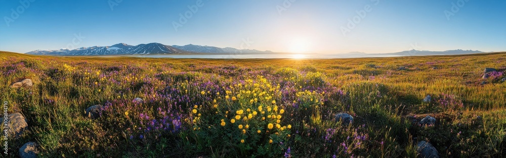 Fototapeta premium A breathtaking panorama of the vibrant tundra landscape in Kotzebue at sunset showcasing colorful wildflowers and distant mountains