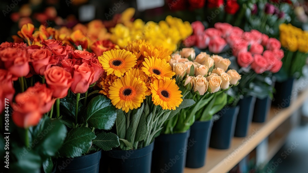 Fototapeta premium Colorful Flower Bouquets in Black Vases