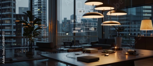 Dimly lit office with chandeliers, overlooking a city view, highlights a sophisticated blend of elegance and contemporary business environment.