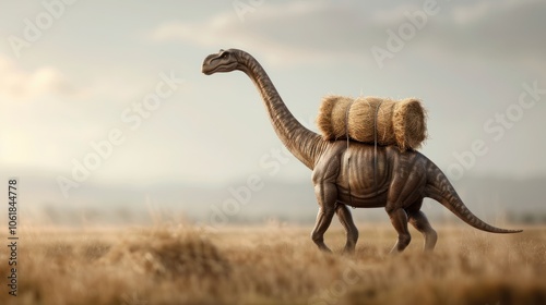 Fototapeta Naklejka Na Ścianę i Meble -  A dinosaur carrying hay bales walks through a grassy landscape under a hazy sky, blending prehistoric and pastoral themes.