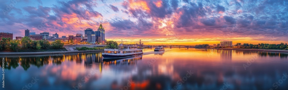 A breathtaking sunset over the Mississippi River showcasing vibrant colors reflecting on the water and a bustling riverside city skyline A breathtaking sunset over the Mississippi River showcasing vibrant colors reflecting on the water and a bustling riverside city skyline