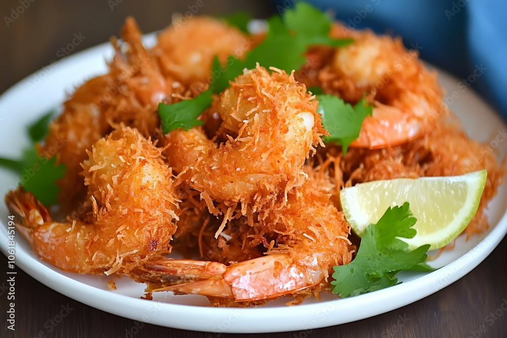 Crispy coconut shrimp garnished with fresh cilantro and lime on a white plate Crispy coconut shrimp garnished with fresh cilantro and lime on a white plate