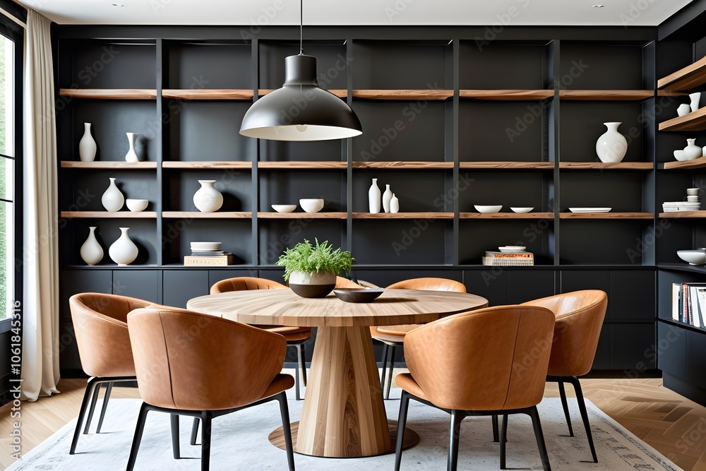 Stylish dining room interior with a round wooden table, chairs, modern lamp, and a collection shelves. Stylish dining room interior with a round wooden table, chairs, modern lamp, and a collection shelves.