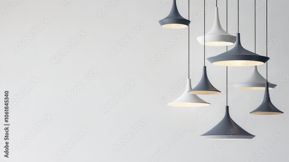Fototapeta premium Collection of contemporary pendant lights on a white backdrop: Banner layout.