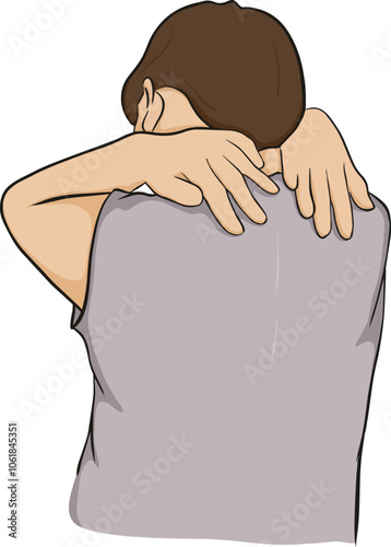 Cartoon drawing of man having neck and shoulder pain down behind,  back pain health care and medical concept. vector illustration.