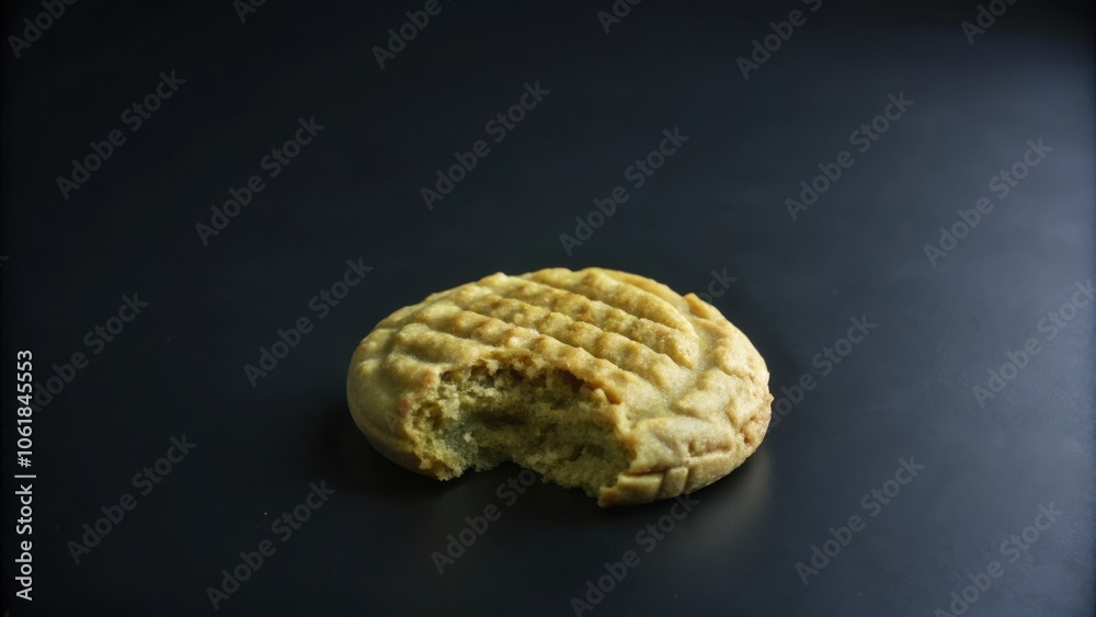 A single, partially eaten, shortbread cookie with a textured top and a bite mark on the right side, resting on a dark surface. A single, partially eaten, shortbread cookie with a textured top and a bite mark on the right side, resting on a dark surface.