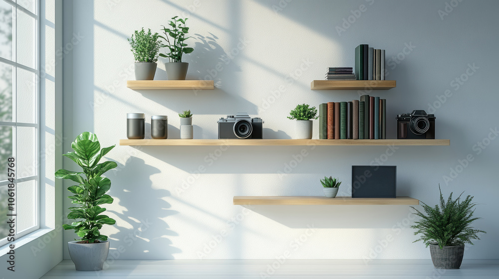 A white wall with shelves and plants on it. The shelves are filled with books and a camera A white wall with shelves and plants on it. The shelves are filled with books and a camera