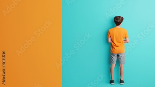 A young boy stands against a turquoise wall, wearing an orange shirt, creating a vibrant contrast with the background.