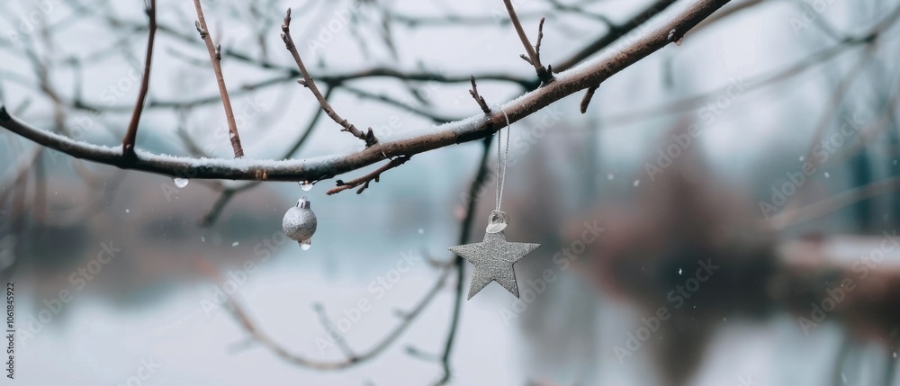 A frosty winter branch adorned with a star ornament captures the serene stillness of a snowy landscape, evoking a peaceful, festive ambiance. A frosty winter branch adorned with a star ornament captures the serene stillness of a snowy landscape, evoking a peaceful, festive ambiance.
