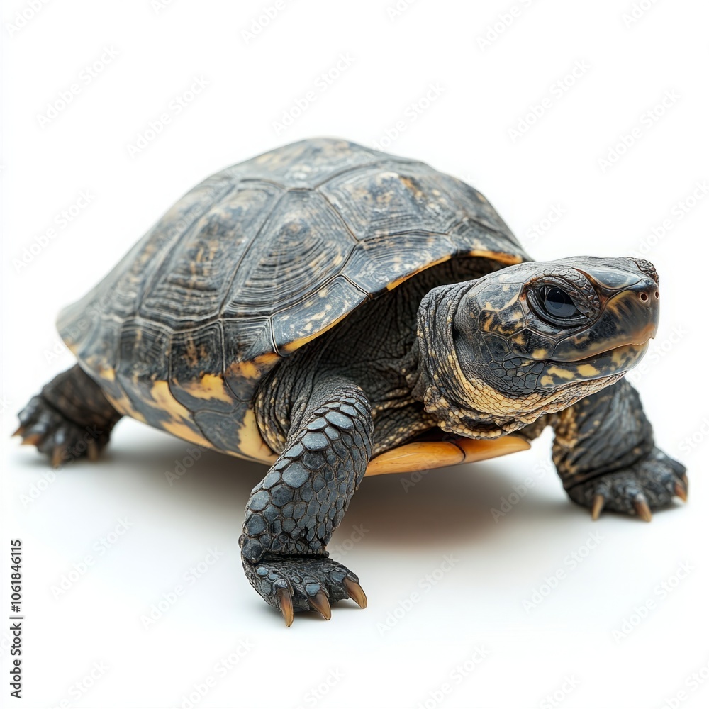 Obraz premium Full Body Side View of Turtle Isolated on White Background - Detailed Shell Texture and Natural Wildlife Illustration