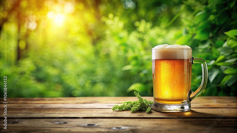 A frothy mug of beer floating on a wooden table surrounded by lush greenery, liquid, nature A frothy mug of beer floating on a wooden table surrounded by lush greenery, liquid, nature