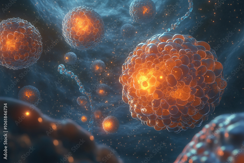 Microscopic view of platelets cells and DNA strand, showcasing ...