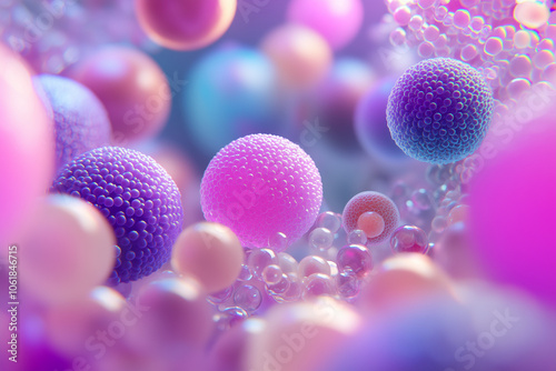 Microscopic view of platelets cells and DNA strand, showcasing intricate cellular details and molecular structure with copy space. Soft, bright lighting. Abstract science background.  photo