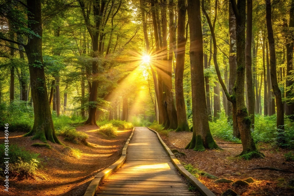 A golden pathway leads through the heart of a dense forest, where sunlight filters through the trees, natural, landscape, sunlight, forest A golden pathway leads through the heart of a dense forest, where sunlight filters through the trees, natural, landscape, sunlight, forest