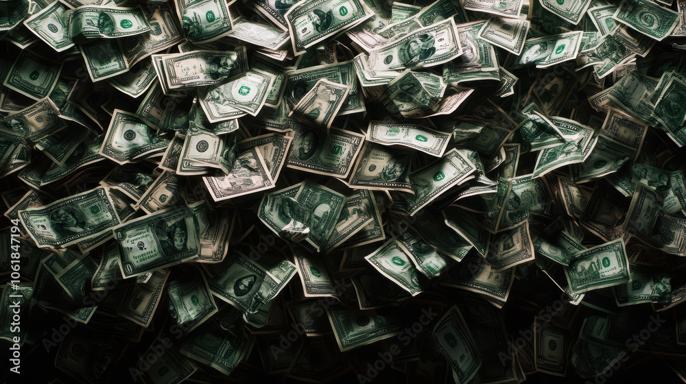 A pile of green bills with the number 1 on them. Concept of wealth and abundance A pile of green bills with the number 1 on them. Concept of wealth and abundance