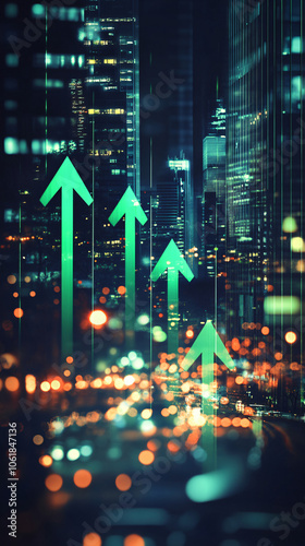 Green arrows are rising over a blurred cityscape at night, symbolizing economic growth and success