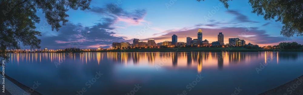 Naklejka premium A beautiful sunset over the calm waters of the Omaha riverfront, reflecting city lights and vibrant hues of dusk