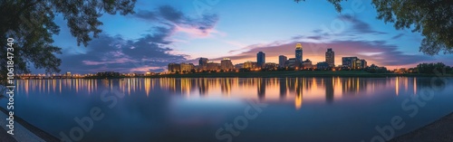 A beautiful sunset over the calm waters of the Omaha riverfront, reflecting city lights and vibrant hues of dusk