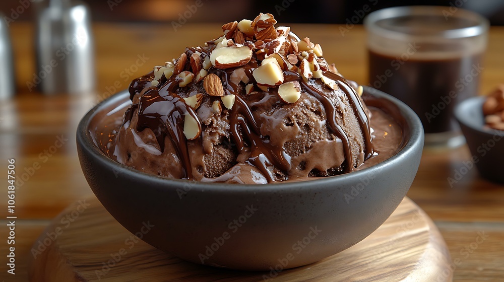Close-up of a scoop of chocolate ice cream topped with chopped almonds and caramel drizzle, in a rustic bowl on a wooden table Close-up of a scoop of chocolate ice cream topped with chopped almonds and caramel drizzle, in a rustic bowl on a wooden table
