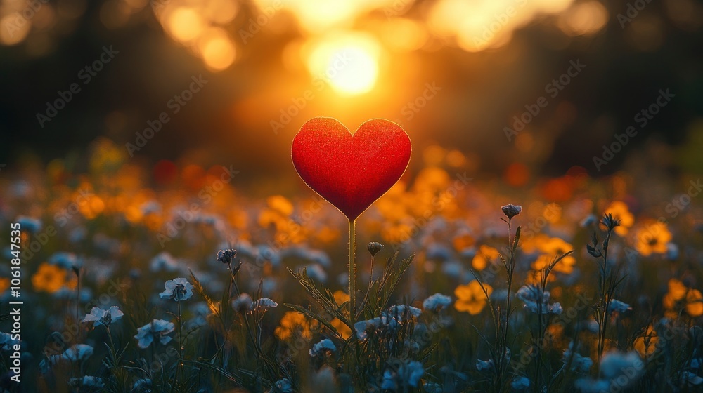 Red Heart in a Field of Flowers at Sunset