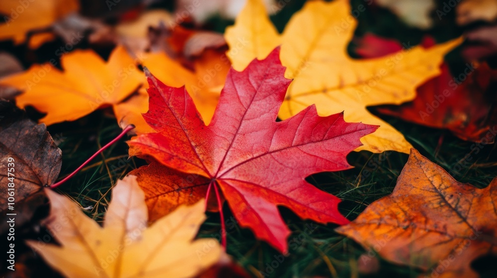 Vibrant Red Maple Leaf on Green Grass with Autumn Colors Vibrant Red Maple Leaf on Green Grass with Autumn Colors