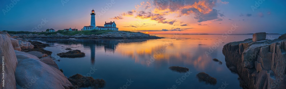 Fototapeta premium A tranquil sunset over Sakonnet with a lighthouse reflecting on calm waters and rocky shores