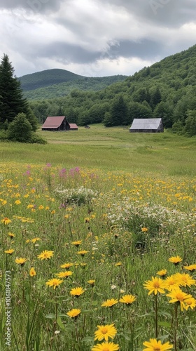 A tranquil meadow filled with wildflowers near rustic cabins under a cloudy sky in the early afternoon light