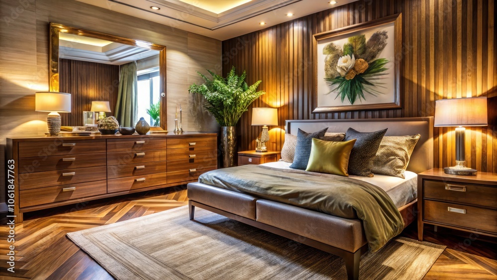 Naklejka premium Luxurious Modern Bedroom with Elegant Wooden Dresser and Rich Textiles, Soft Lighting, Stylish Decor Accents, Cozy Atmosphere, High-End Interior Design, Serenity and Comfort