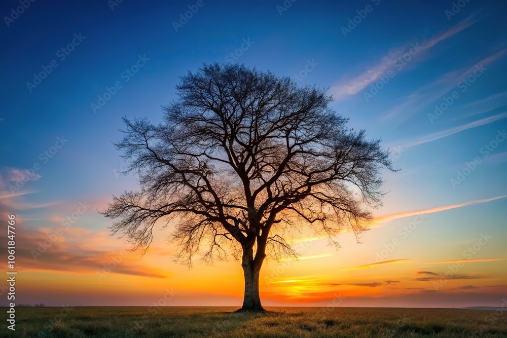 A lone tree stands tall with its branches stretching towards the fading light of dusk, organic, sunset, earthy, pink shades, warm glow