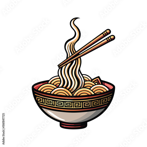 Design a vector logo featuring a steaming bowl of noodles, showcasing the vibrant colors and appealing textures of a delicious noodle dish.