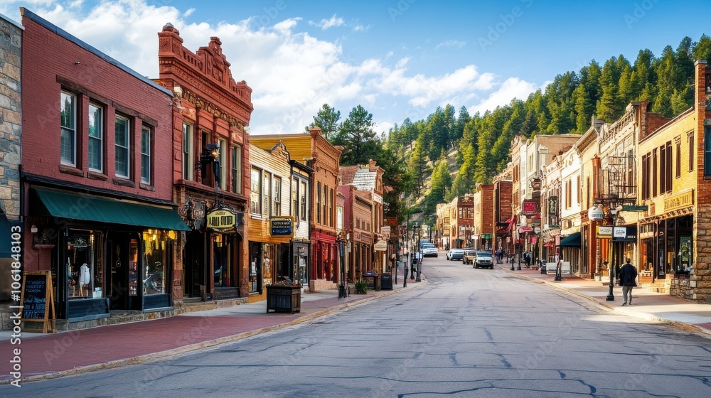 A quiet morning along the historic main street of a charming town surrounded by lush mountains A quiet morning along the historic main street of a charming town surrounded by lush mountains