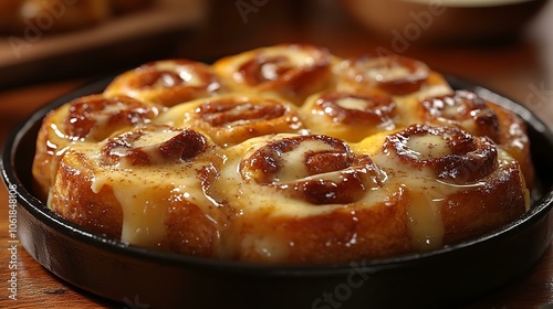 Soft and chewy cinnamon rolls with cream cheese icing, placed on a rustic wooden table photo