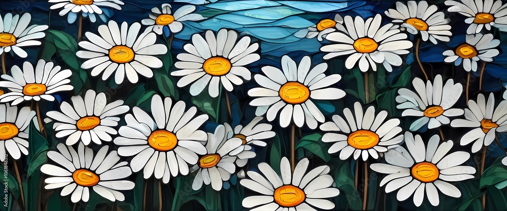 stained glass window from colored glass Bouquet of daisies, stylized as a mosaic stained glass window from colored glass Bouquet of daisies, stylized as a mosaic