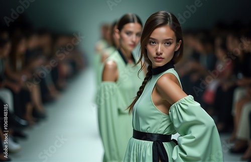 A model poses at the end of the runway at Paris Fashion Week, wearing a mint green oversized dress with sleek black detailing from Loewe's Spring-Summer collection photo