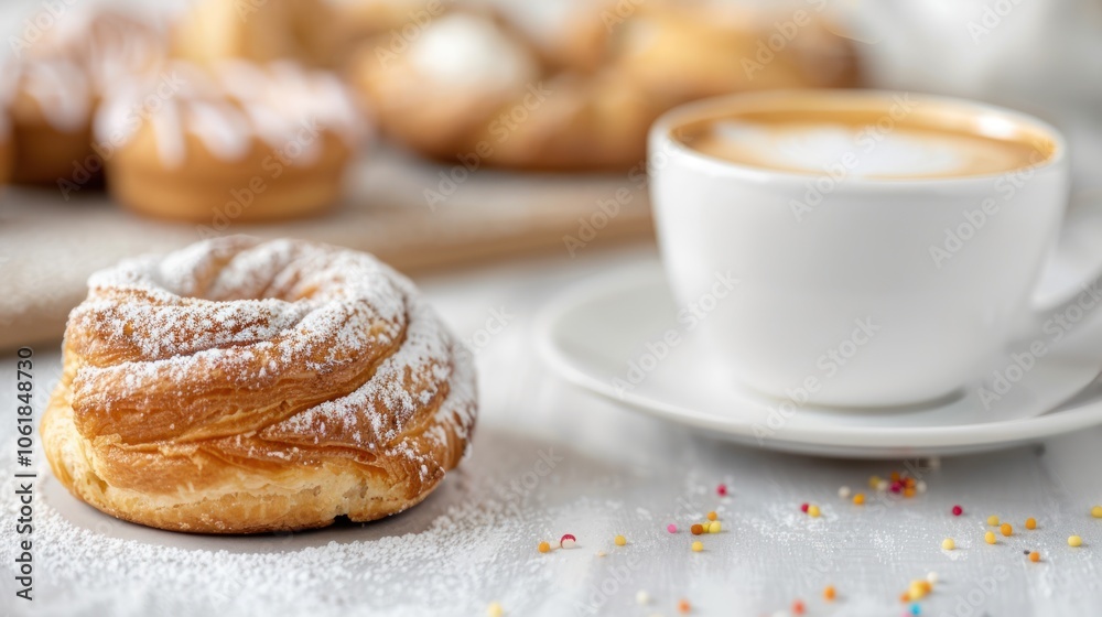 A delicious pastry dusted with powdered sugar, accompanied by a steaming cup of coffee, perfect for a cozy snack or breakfast. A delicious pastry dusted with powdered sugar, accompanied by a steaming cup of coffee, perfect for a cozy snack or breakfast.
