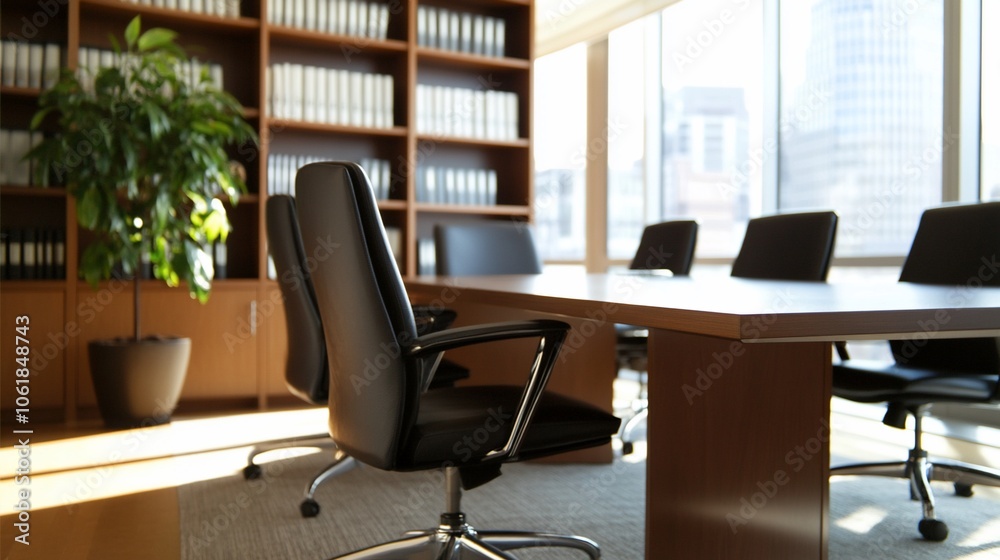 A modern, well-lit boardroom with a large wooden table, black leather chairs, and a bookshelf in the background. A modern, well-lit boardroom with a large wooden table, black leather chairs, and a bookshelf in the background.