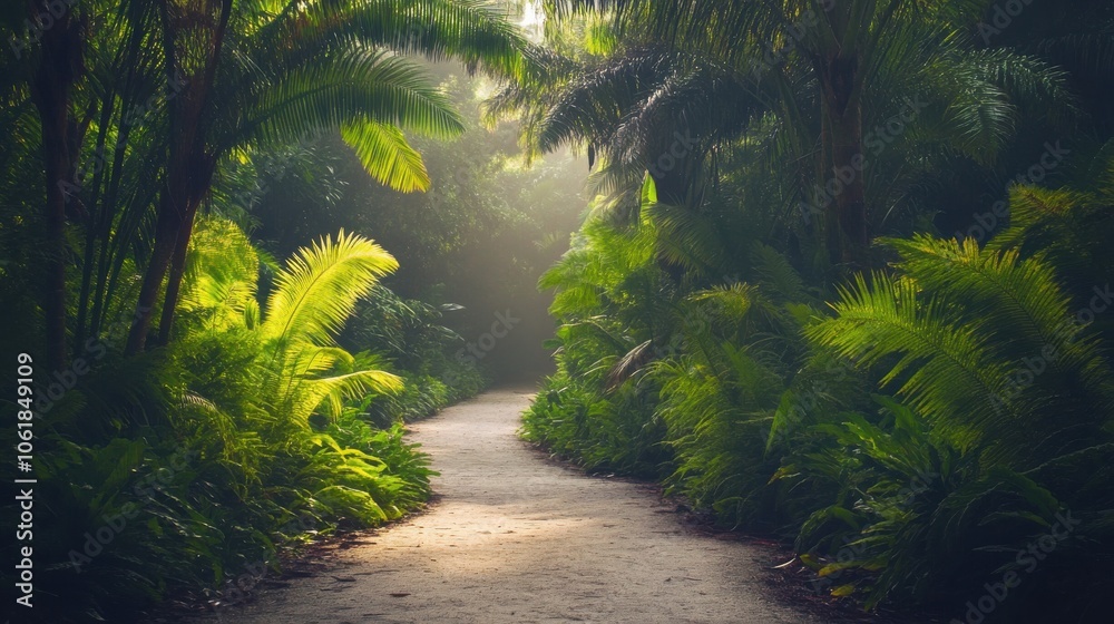 Obraz premium A tranquil path winding through lush tropical foliage under soft morning light