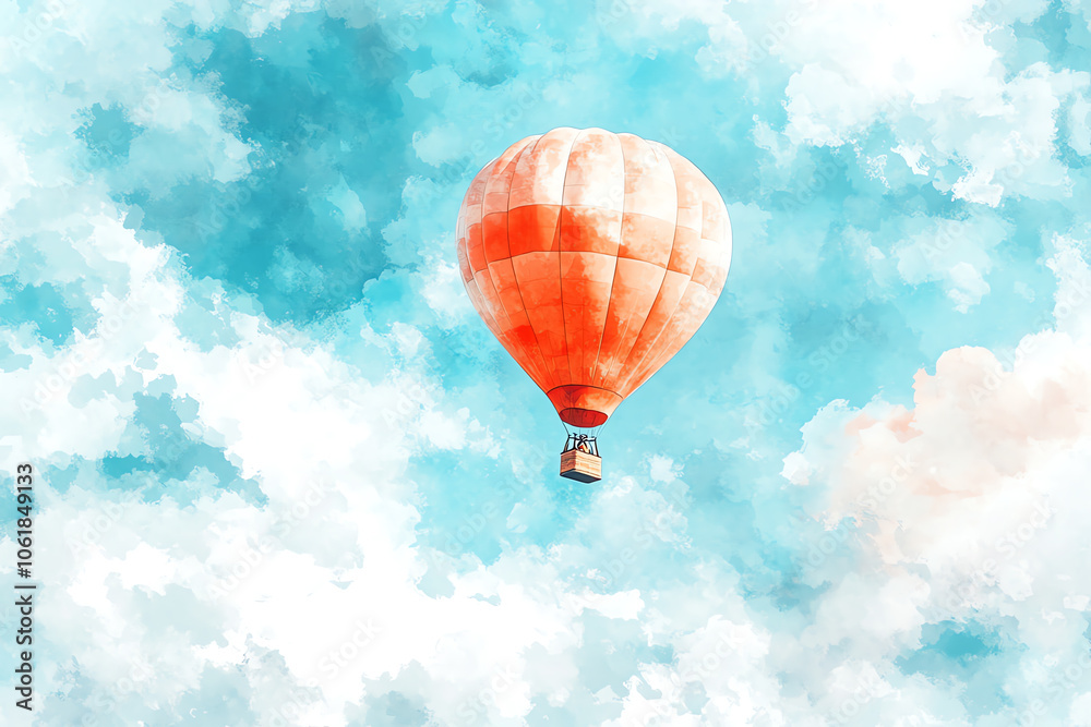 Naklejka premium A vibrant hot air balloon soaring in a blue sky filled with fluffy clouds, capturing the essence of adventure and freedom.