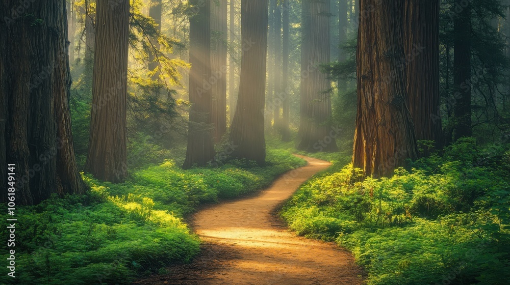 Obraz premium A peaceful winding path through majestic trees in a lush forest at dawn, inviting exploration and tranquility
