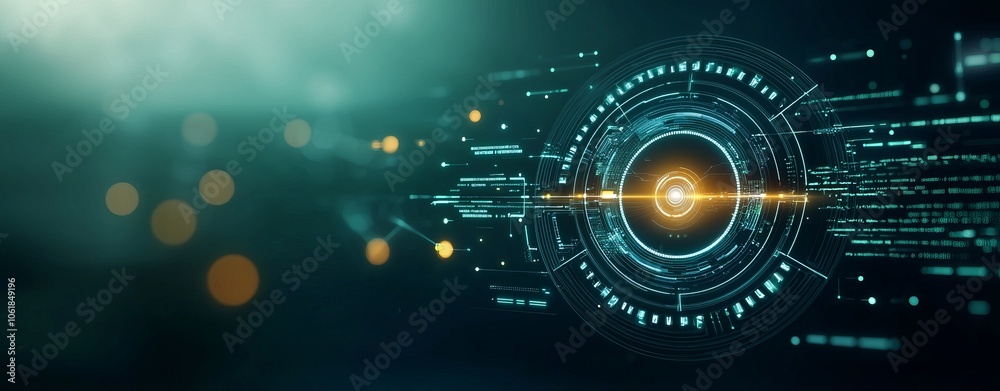 Obraz premium Futuristic interface showcasing digital elements, glowing circles, and abstract backgrounds in a sci-fi style.