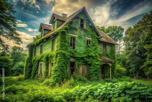 A mysterious and eerie green abandoned house with overgrown vegetation, greenery, decay, ferns, green house, forgotten places