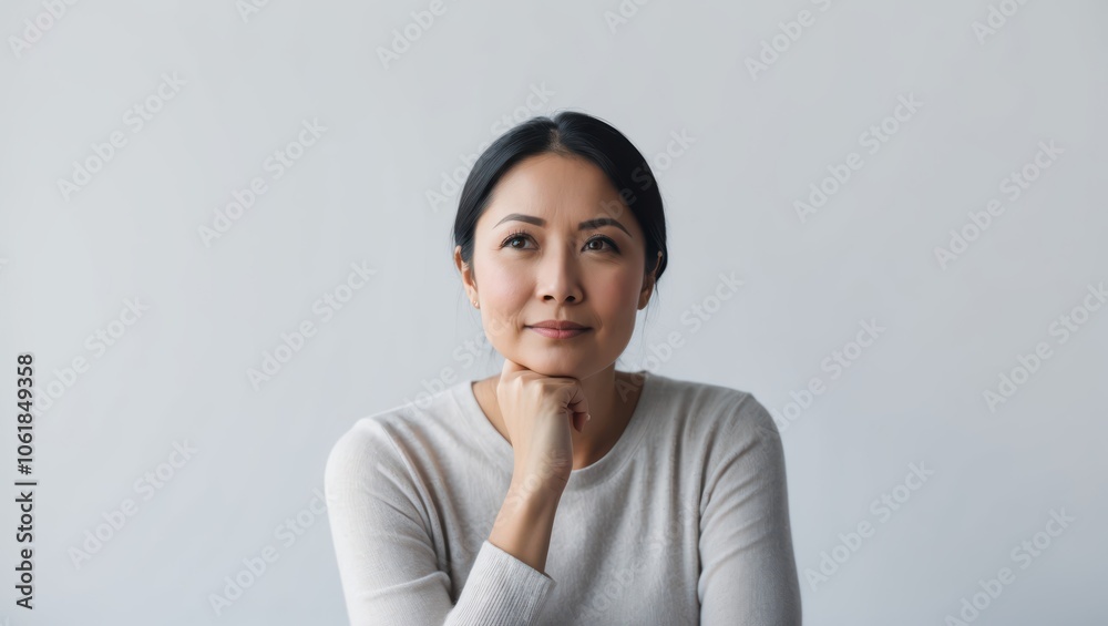 A thoughtful woman reflecting on her ideas while seated against a minimalistic, light background in a serene environment A thoughtful woman reflecting on her ideas while seated against a minimalistic, light background in a serene environment